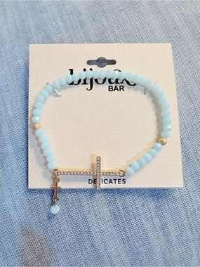 Light Blue Beaded Bracelet with Gold Cross Accent